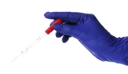 Photo of Scientist with pipette on white background, closeup