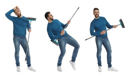 Image of Collage with photos of handsome man with broom on white background. Banner design