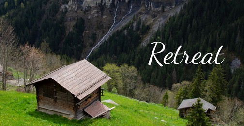 Image of Wellness retreat. Valley with spaced out houses and forest in mountains, banner design