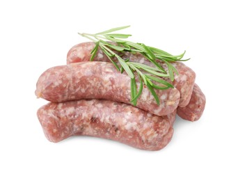 Photo of Raw homemade sausages and rosemary isolated on white