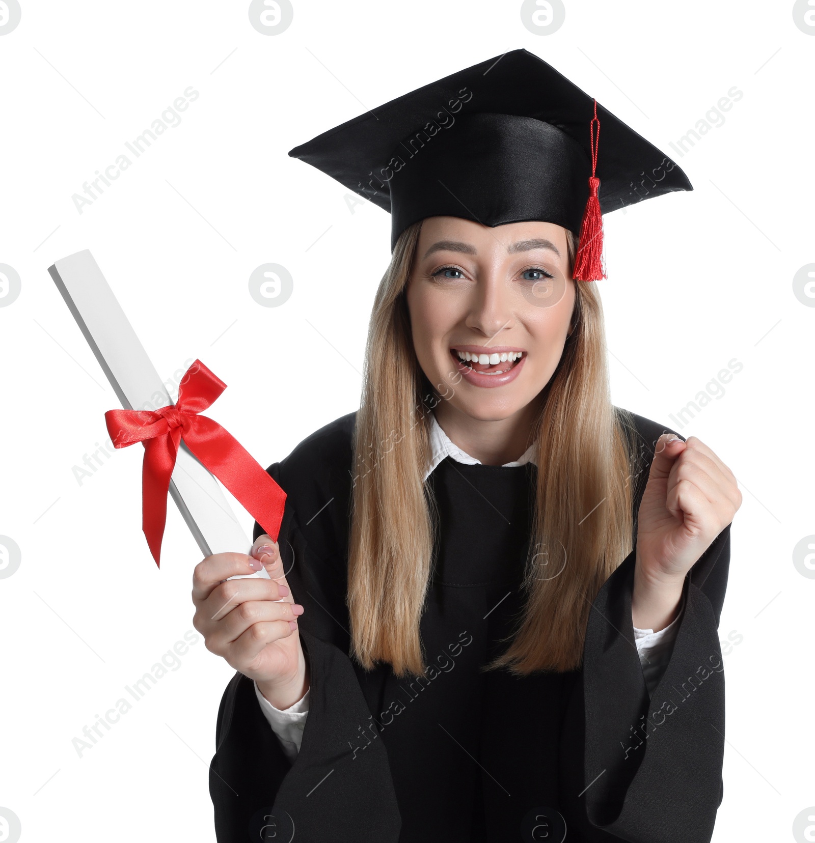 Photo of Happy student with diploma on white background