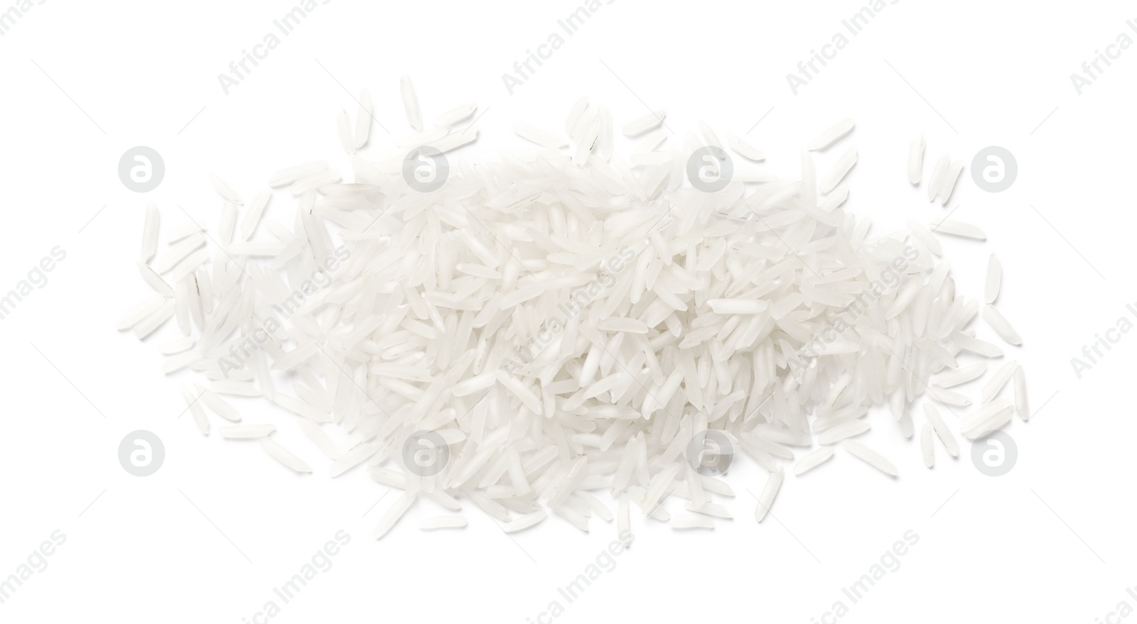 Photo of Pile of raw basmati rice isolated on white, above view