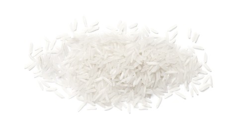 Photo of Pile of raw basmati rice isolated on white, above view