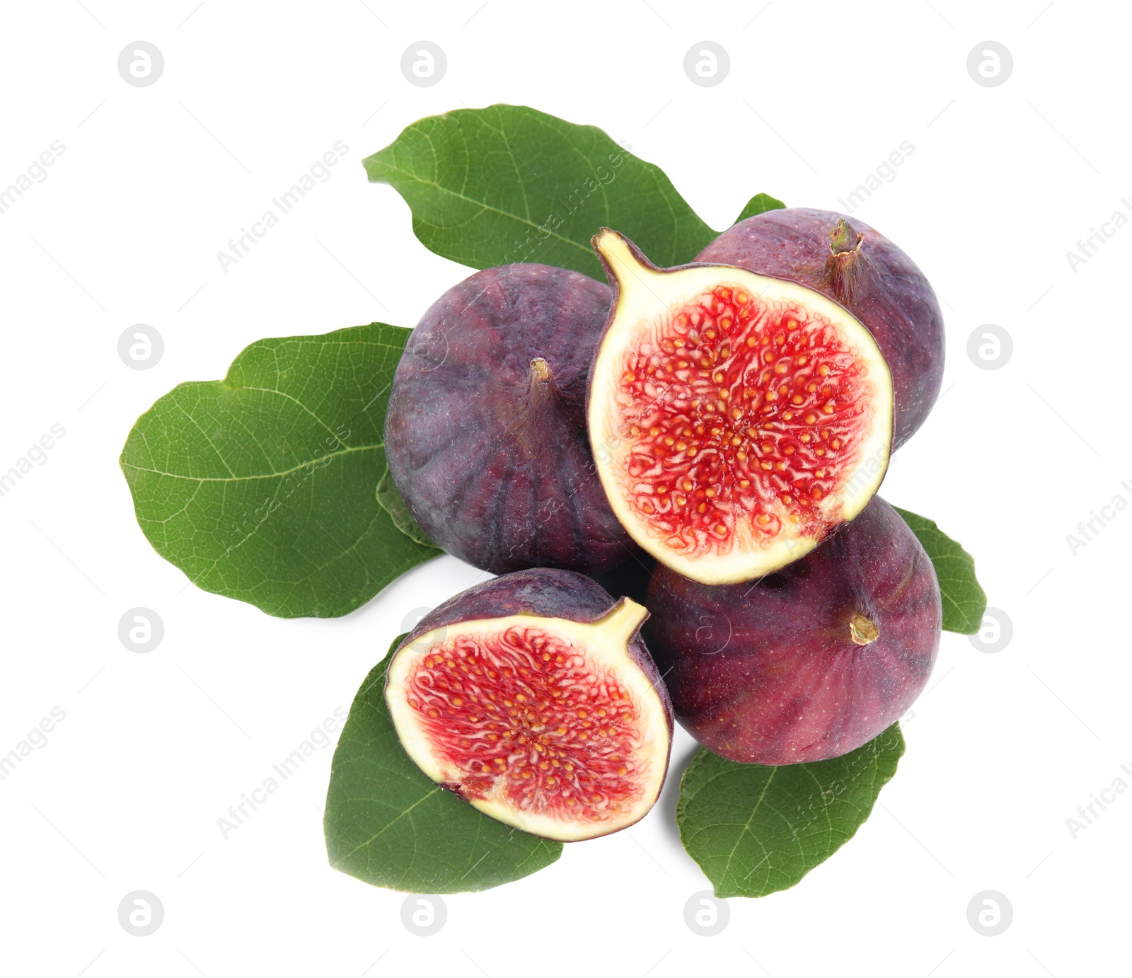 Photo of Fresh juicy purple figs and green leaves on white background, top view