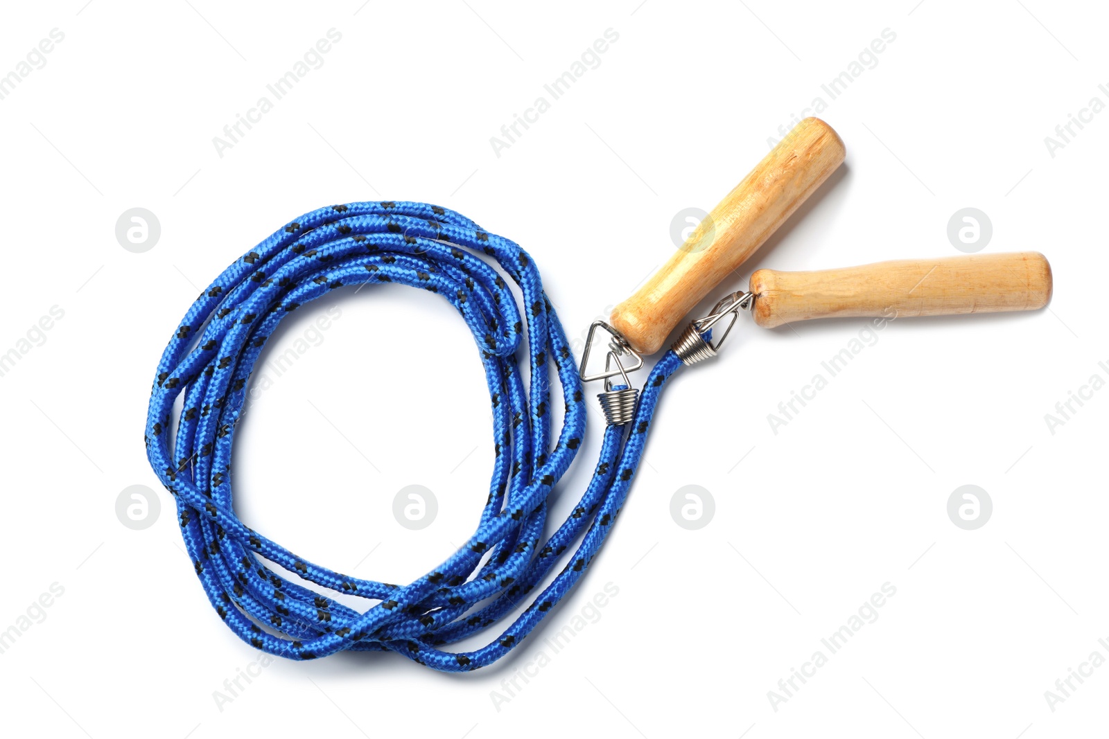 Photo of Jump rope on white background, top view. Sports equipment