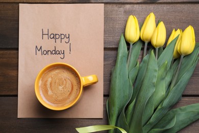 Photo of Happy Monday message, aromatic coffee and tulips on wooden table, flat lay