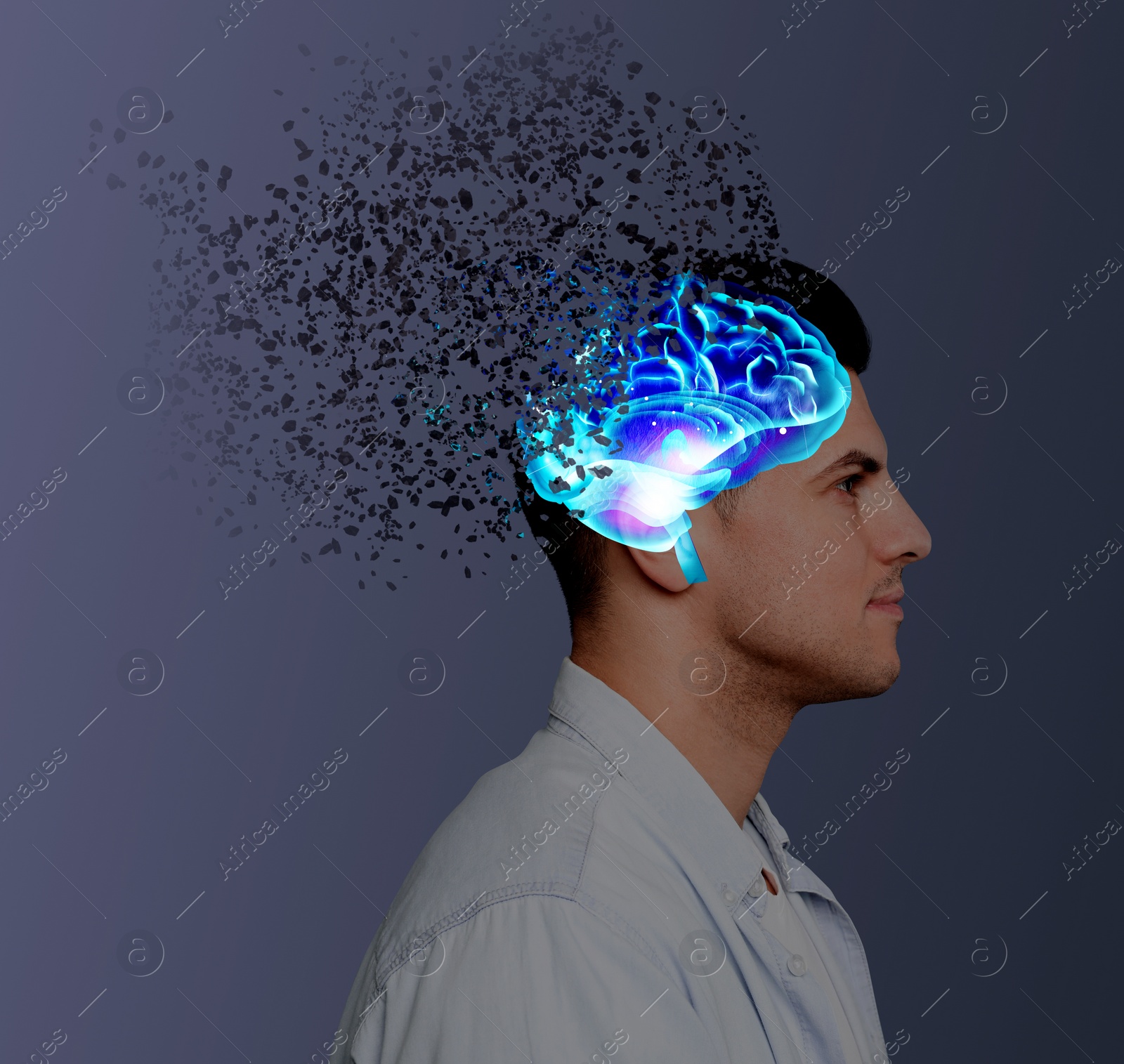 Image of Man with flying pieces from his head and illustration of brain symbolizing amnesia on dark background