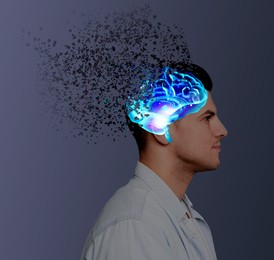 Man with flying pieces from his head and illustration of brain symbolizing amnesia on dark background