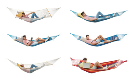 Image of Collage with man resting in different hammocks on white background