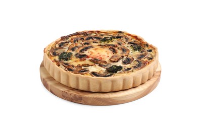 Photo of Delicious quiche with mushrooms isolated on white