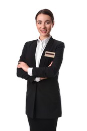 Photo of Portrait of happy young receptionist in uniform on white background