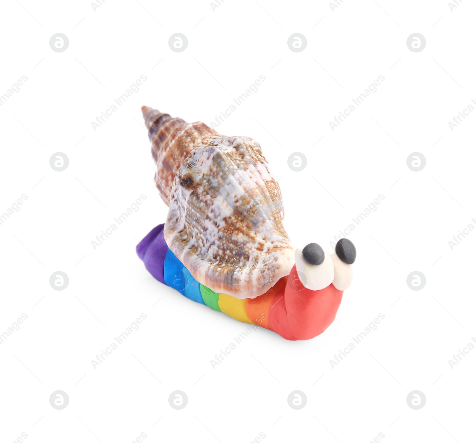 Photo of Beautiful plasticine snail isolated on white. Children's handmade ideas