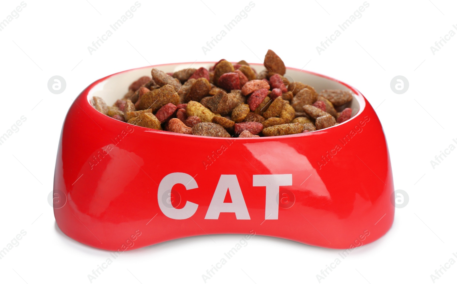 Photo of Red bowl with cat food on white background. Pet care