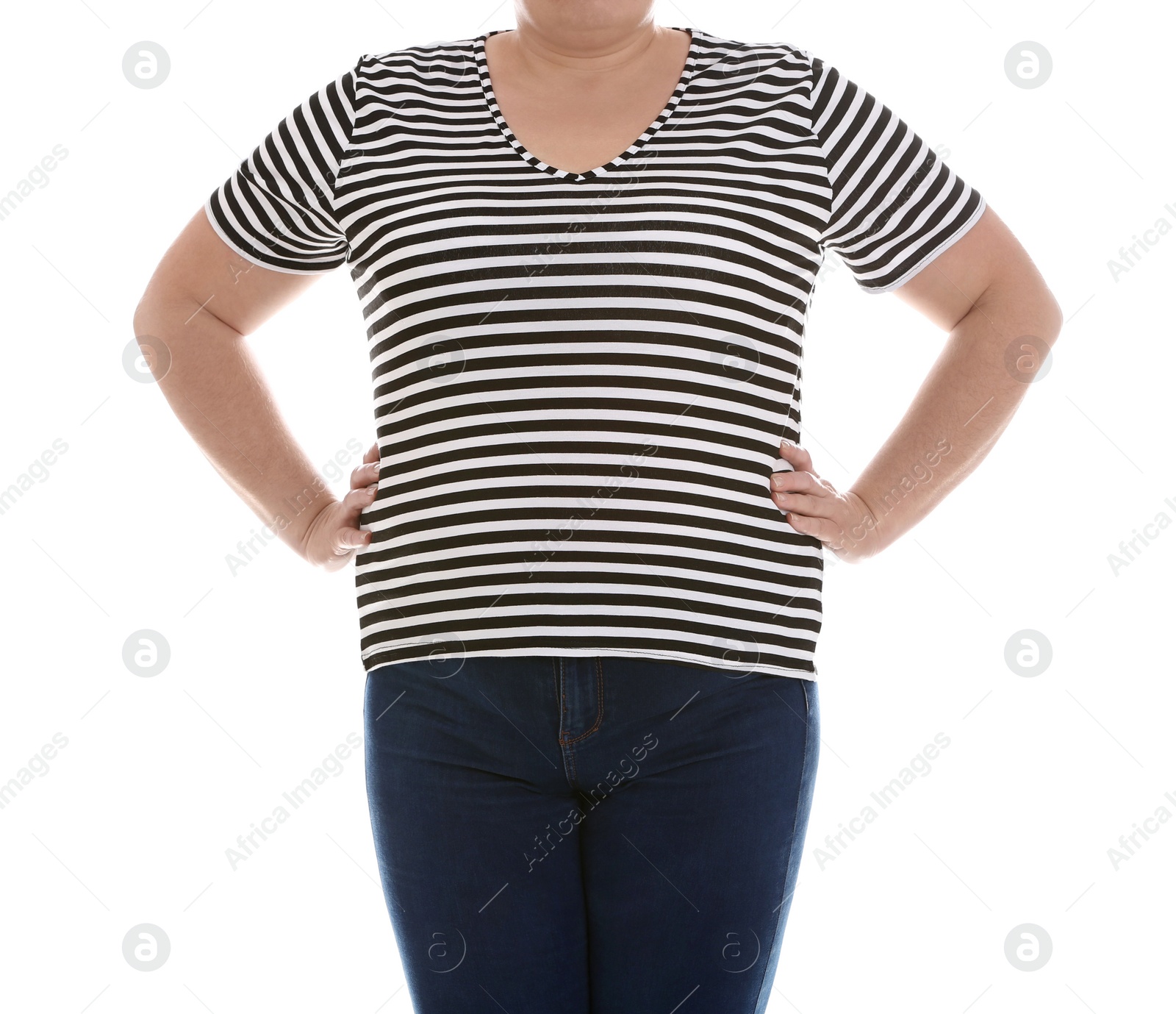 Photo of Overweight woman on white background, closeup. Weight loss