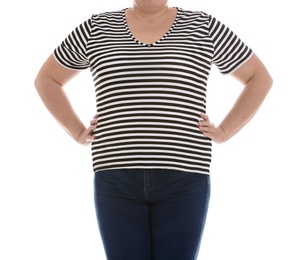 Photo of Overweight woman on white background, closeup. Weight loss