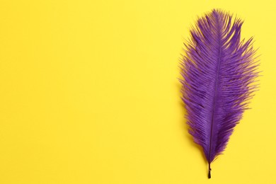 Photo of Beautiful violet feather on yellow background, top view. Space for text