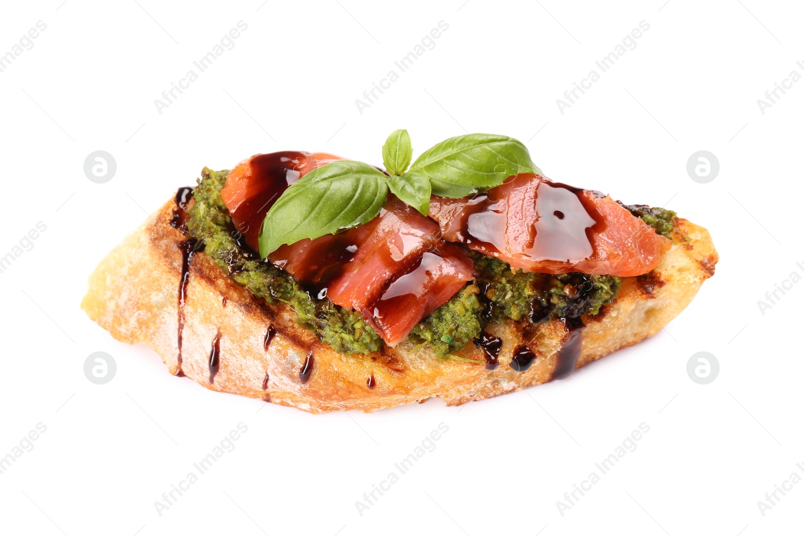 Photo of Delicious bruschetta with balsamic vinegar and toppings isolated on white, above view