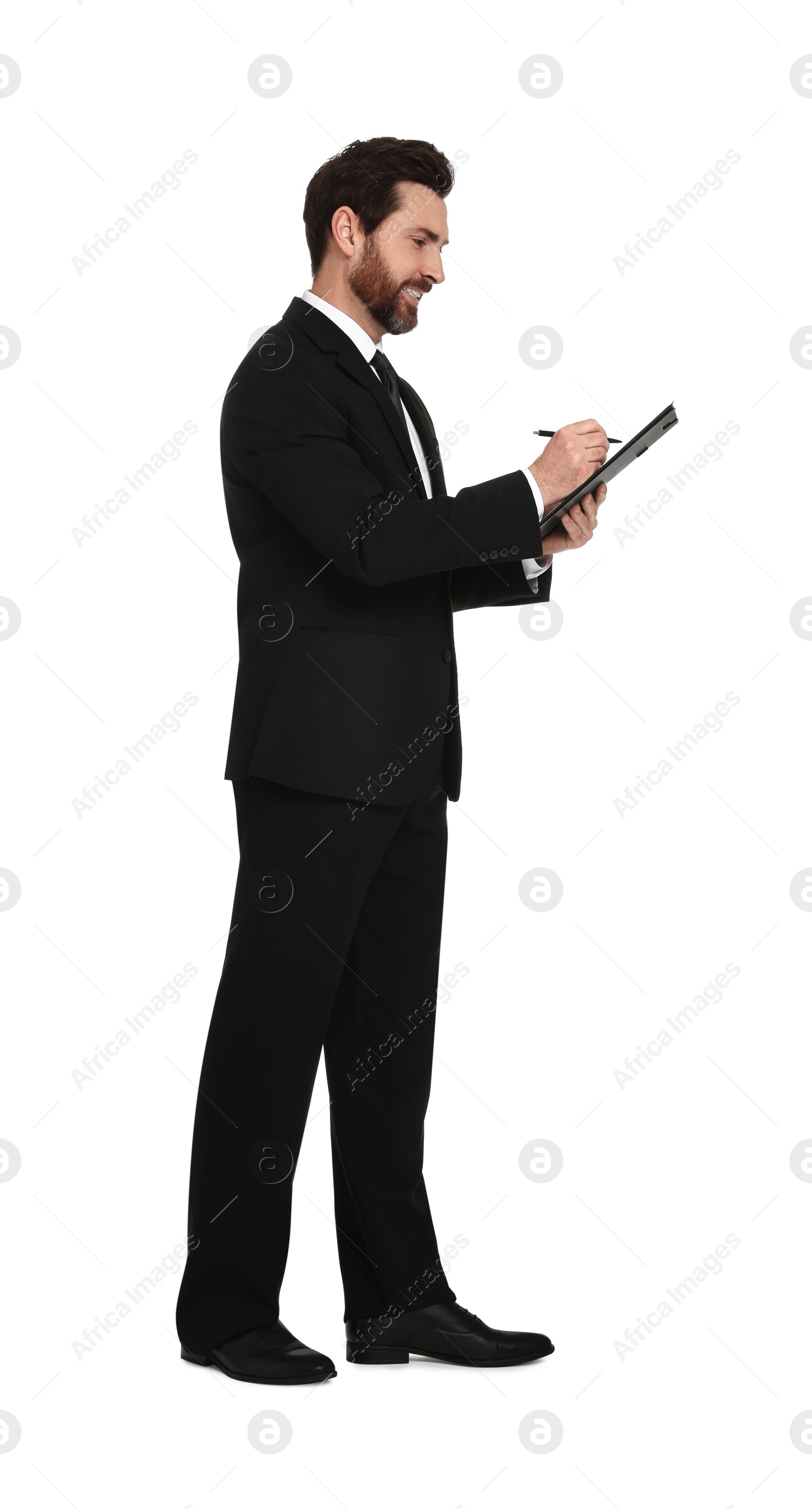 Photo of Handsome man with clipboard on white background