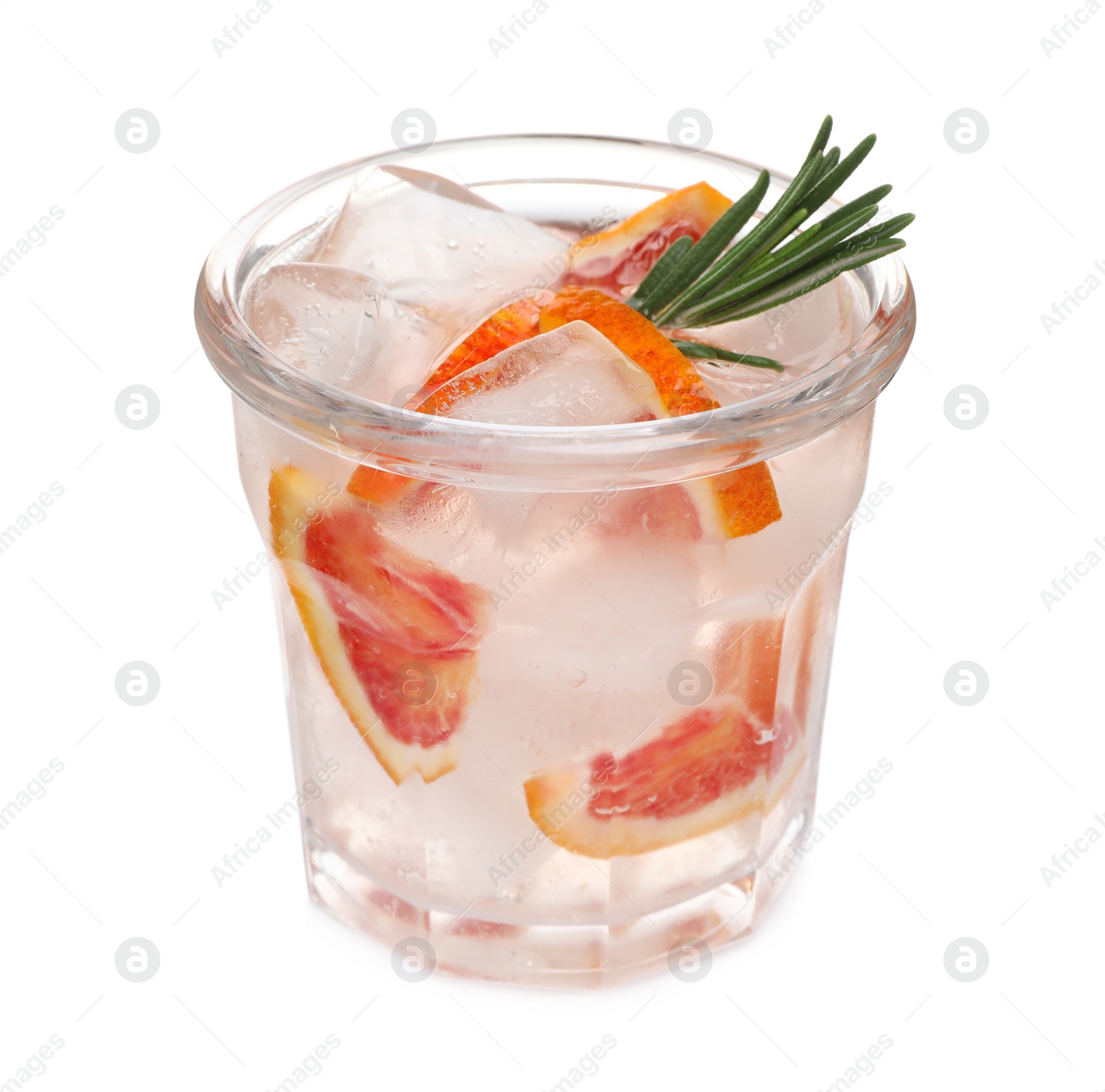 Photo of Delicious refreshing drink with sicilian orange, fresh rosemary and ice cubes in glass isolated on white