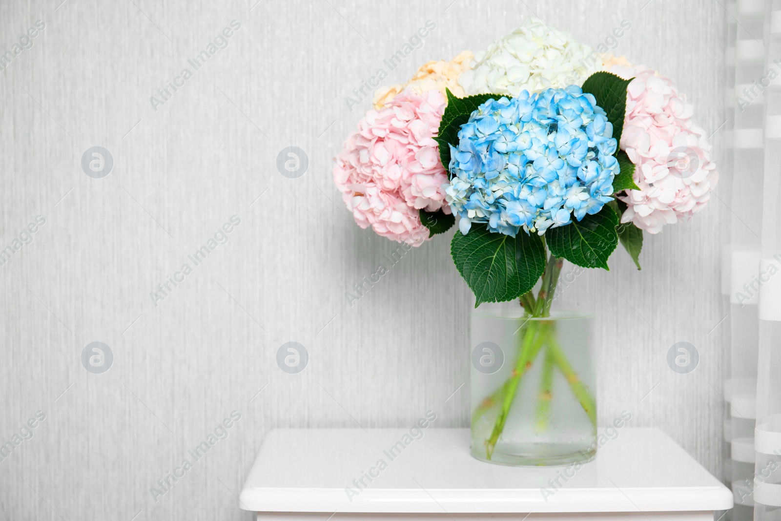 Photo of Beautiful hydrangea flowers in vase on white bedside table near light gray wall. Space for text