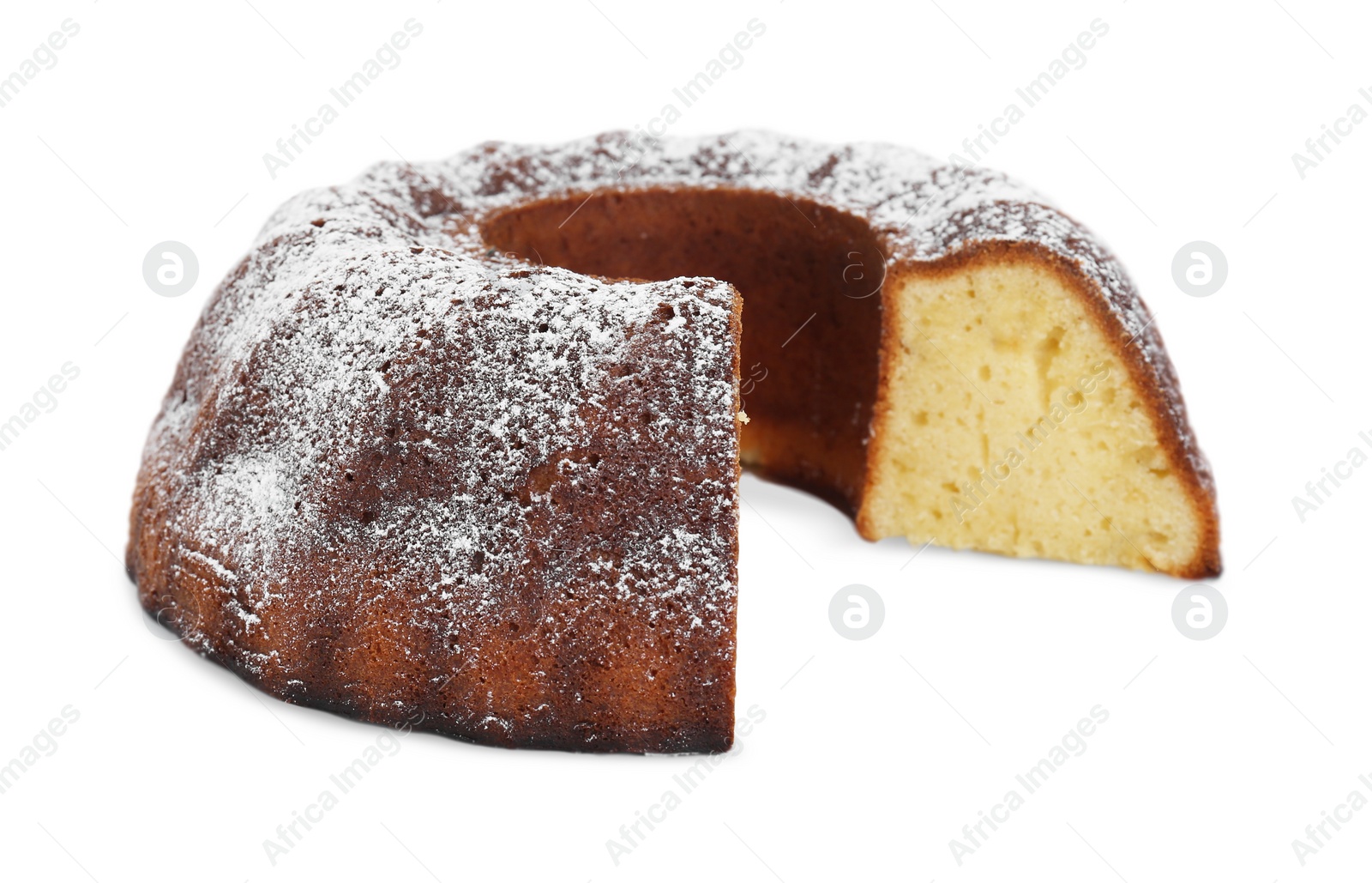 Photo of Homemade yogurt cake with powdered sugar on white background