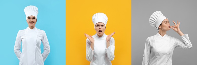 Image of Chef in uniform on different color backgrounds, collage design