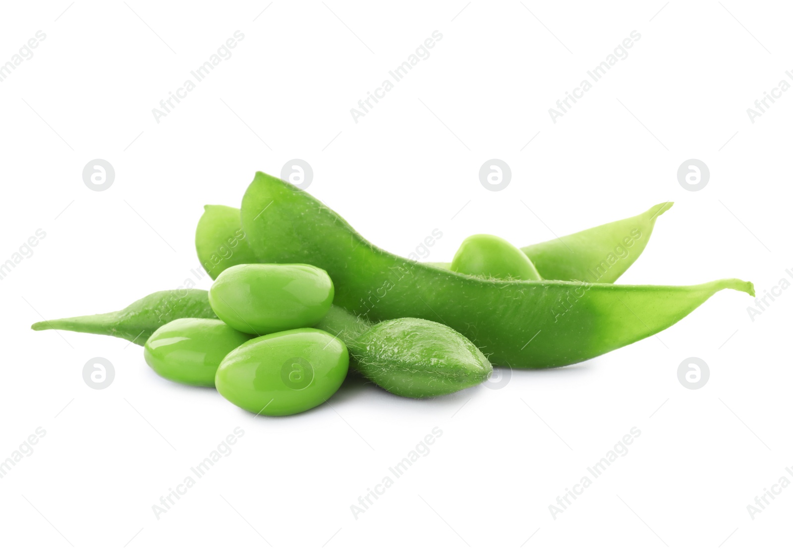 Photo of Fresh green edamame pods and beans on white background