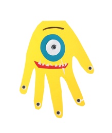 Funny yellow hand shaped monster isolated on white, top view. Halloween decoration