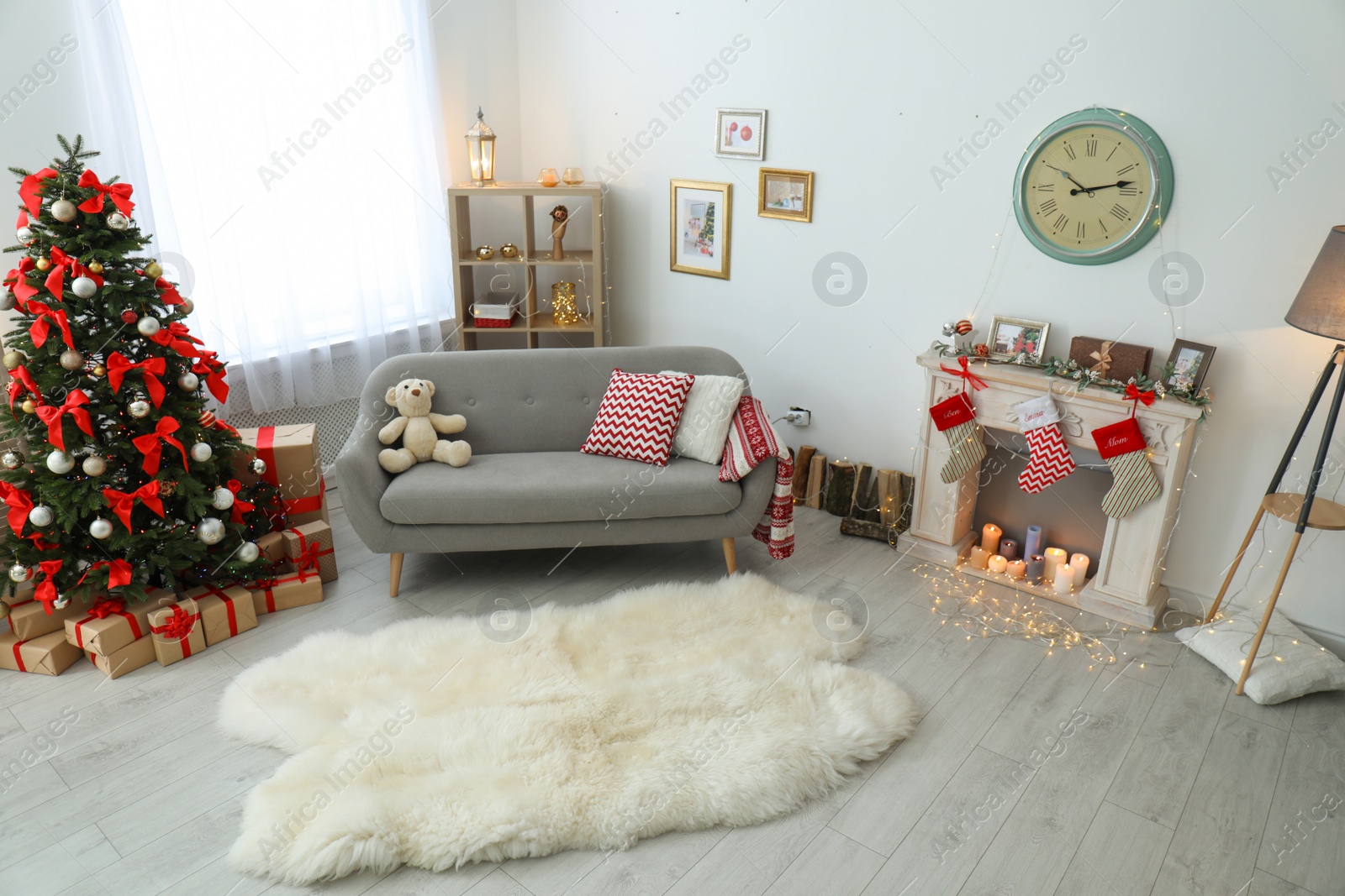 Photo of Living room interior with decorated Christmas tree