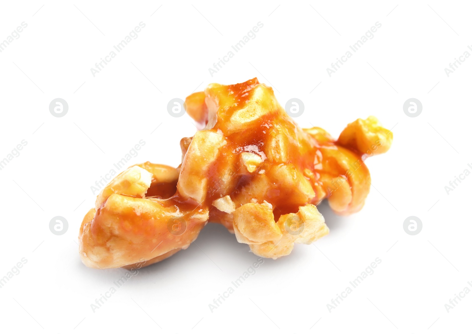 Photo of Delicious caramel popcorn on white background