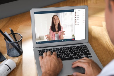 Image of Human resources manager conducting online job interview via video chat