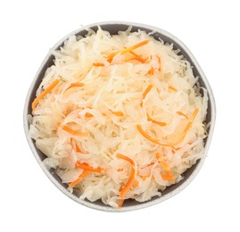 Photo of Bowl of tasty sauerkraut with carrot on white background, top view