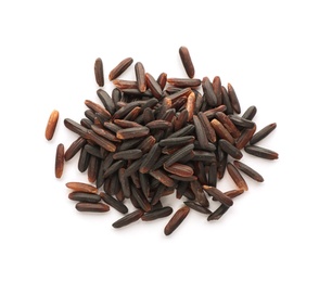 Photo of Pile of brown rice on white background, top view