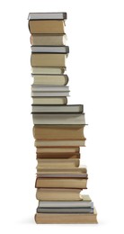 Photo of High stack of many different books isolated on white