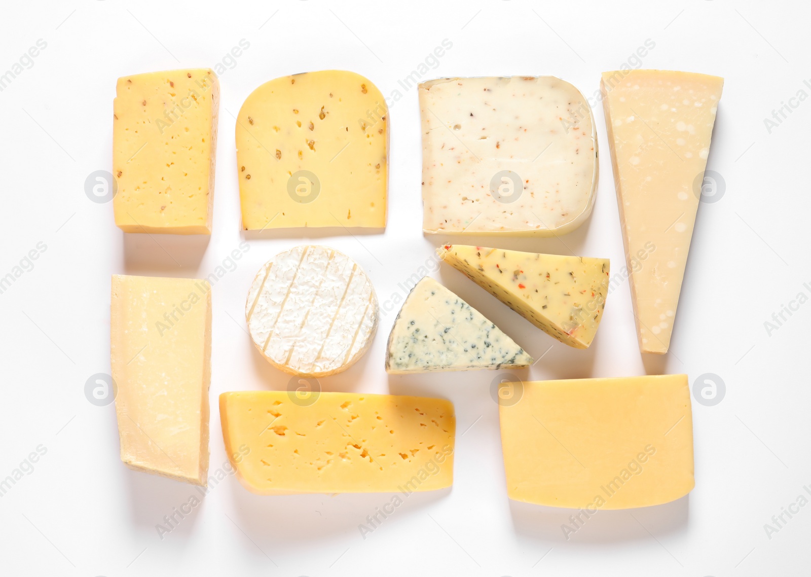 Photo of Composition with different kinds of tasty cheese on white background, top view