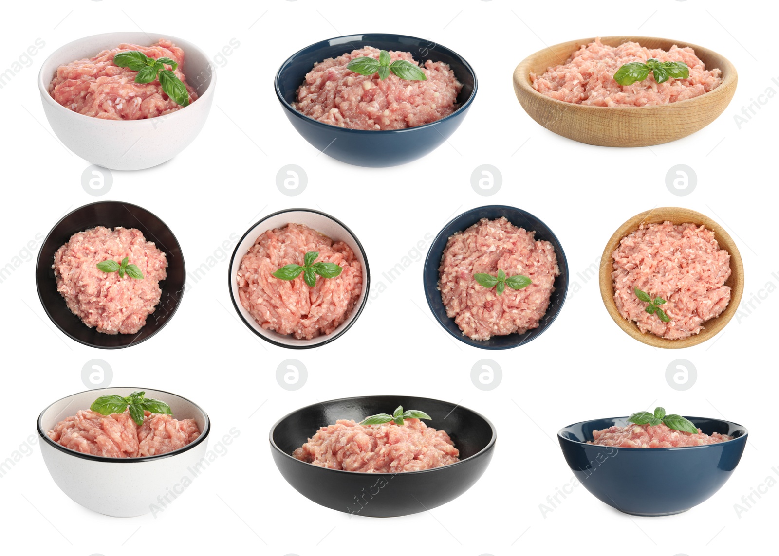 Image of Set with fresh raw chicken minced meat on white background 