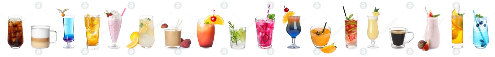 Image of Set with different refreshing summer beverages on white background