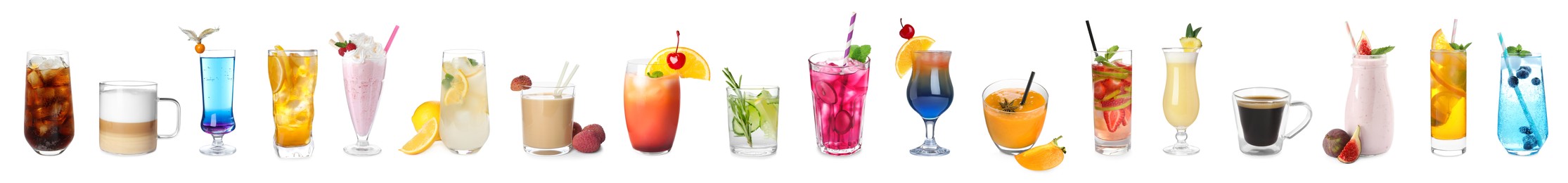 Set with different refreshing summer beverages on white background