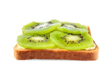 Photo of Delicious toast with sliced kiwi and butter isolated on white