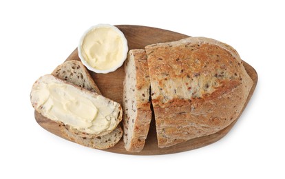 Photo of Tasty bread with butter on white background, top view