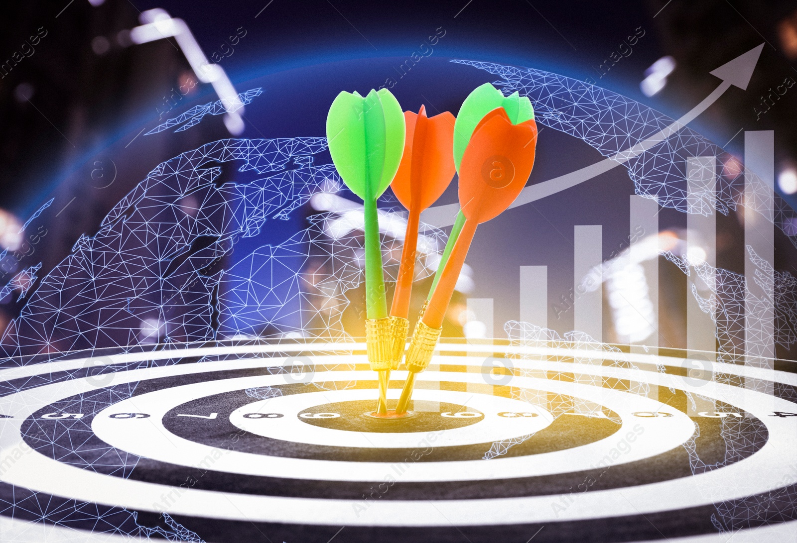 Image of darts hitting target on board, illustration of graph, Earth planet and blurred of view cityscape. Multiple exposure