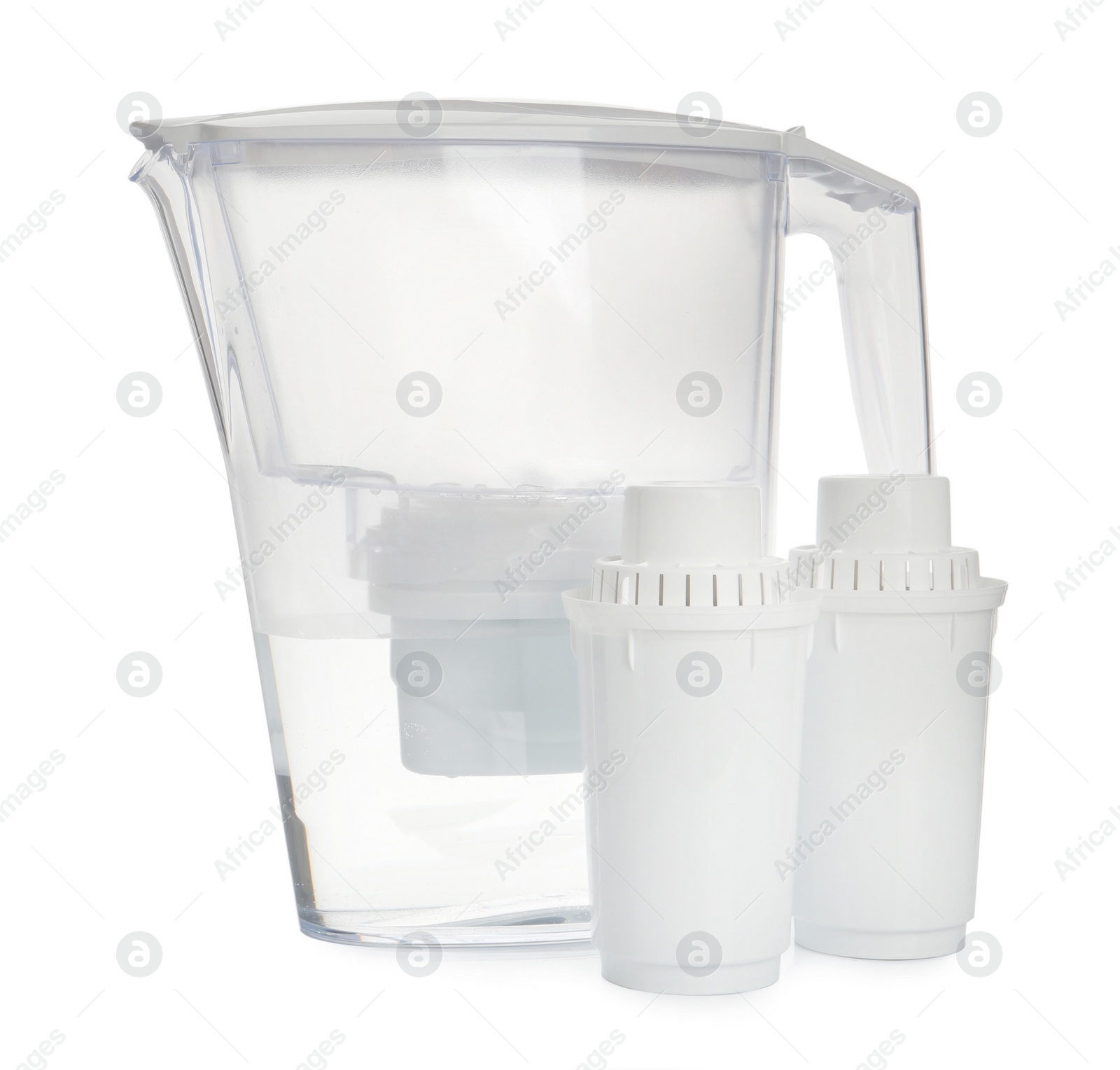 Photo of Water filter jug and replacement cartridges on white background