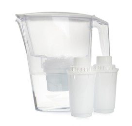 Photo of Water filter jug and replacement cartridges on white background