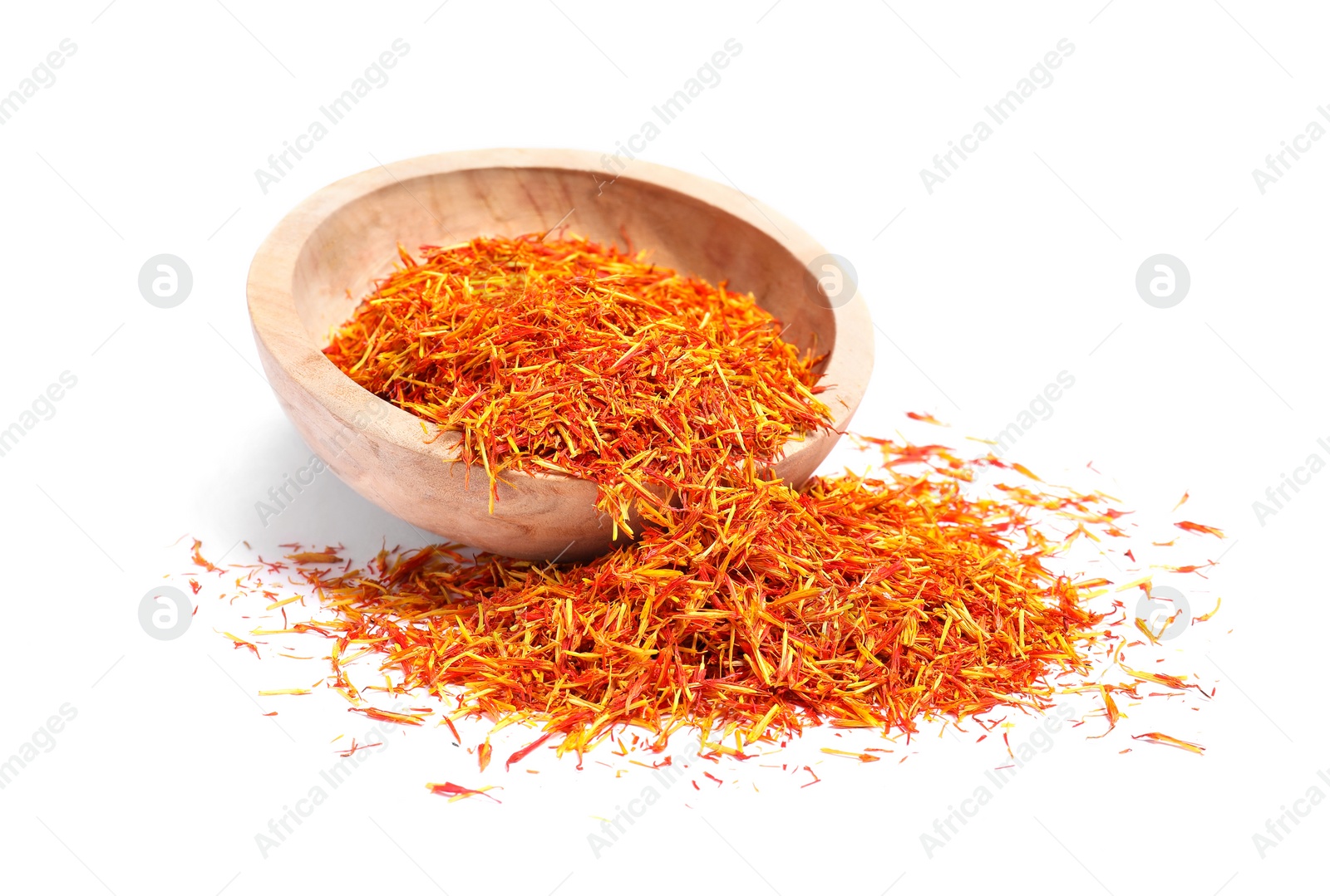 Photo of Aromatic saffron and bowl isolated on white