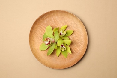 Wooden plate with beautiful orchid flowers on color background, top view