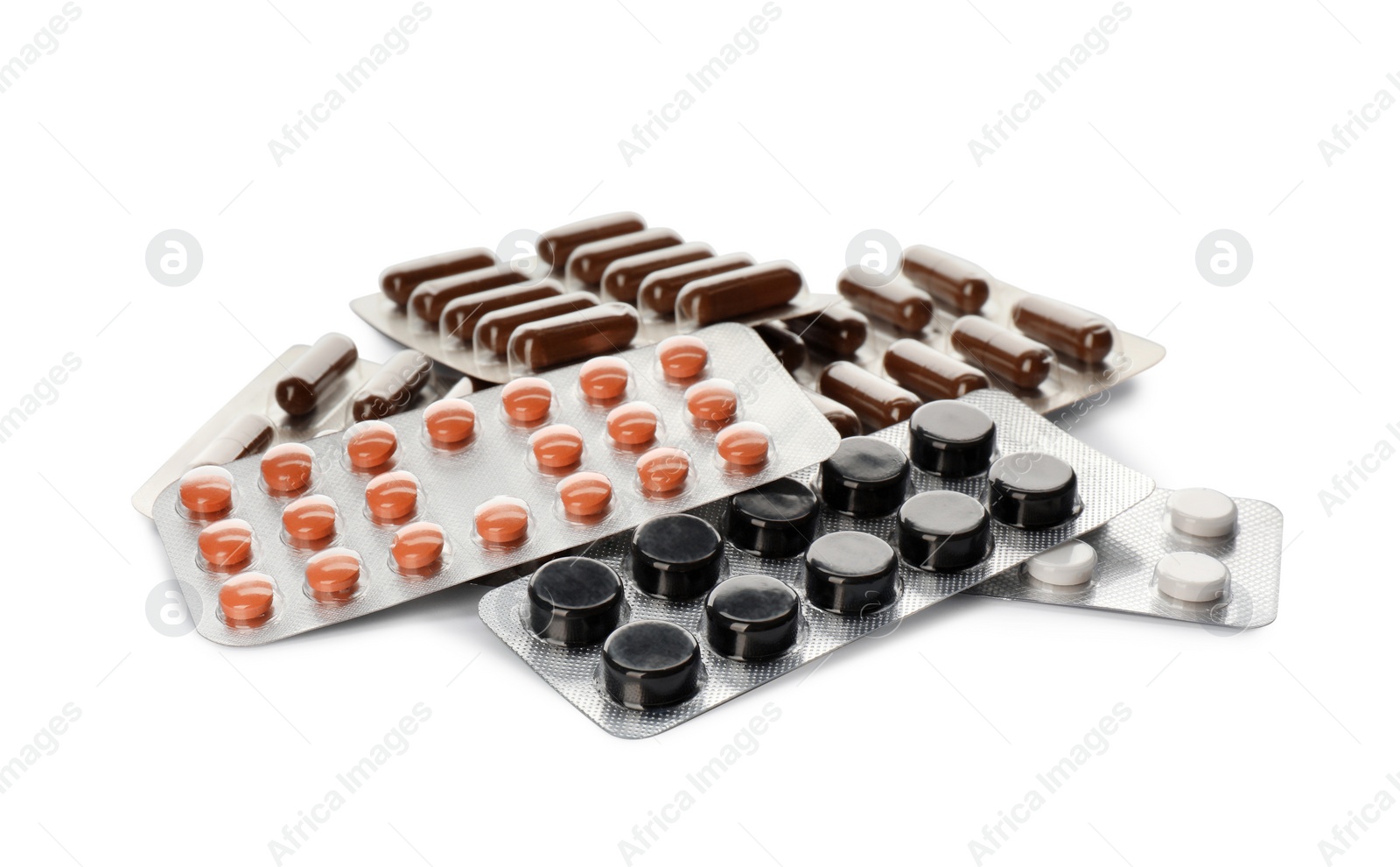 Photo of Blisters with different pills on white background. Medicament