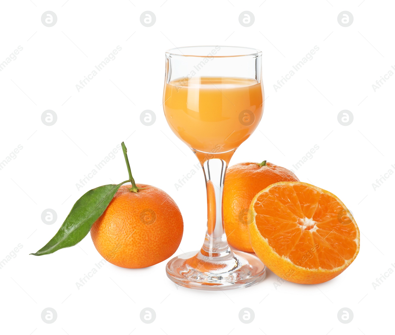 Photo of Tasty tangerine liqueur in glass and fresh citrus fruits isolated on white