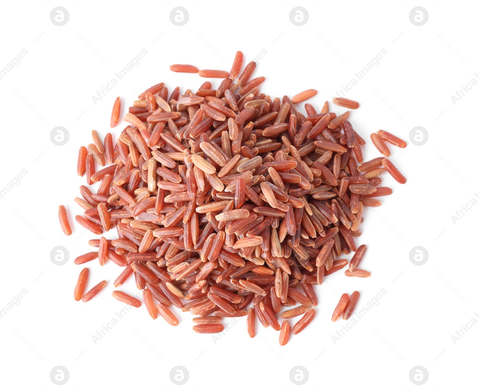 Photo of Uncooked brown rice isolated on white, top view