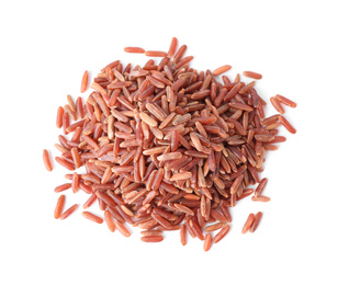 Photo of Uncooked brown rice isolated on white, top view