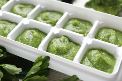Photo of Broccoli puree in ice cube tray and ingredients on table, closeup. Ready for freezing